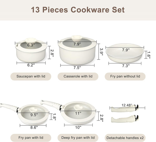 13 Pcs Pots and Pans Set, Nonstick Cookware Set with Lids and Detachable Handle, PFAS & PFOA Free, Non-Toxic Healthy Kitchen Cooking Set