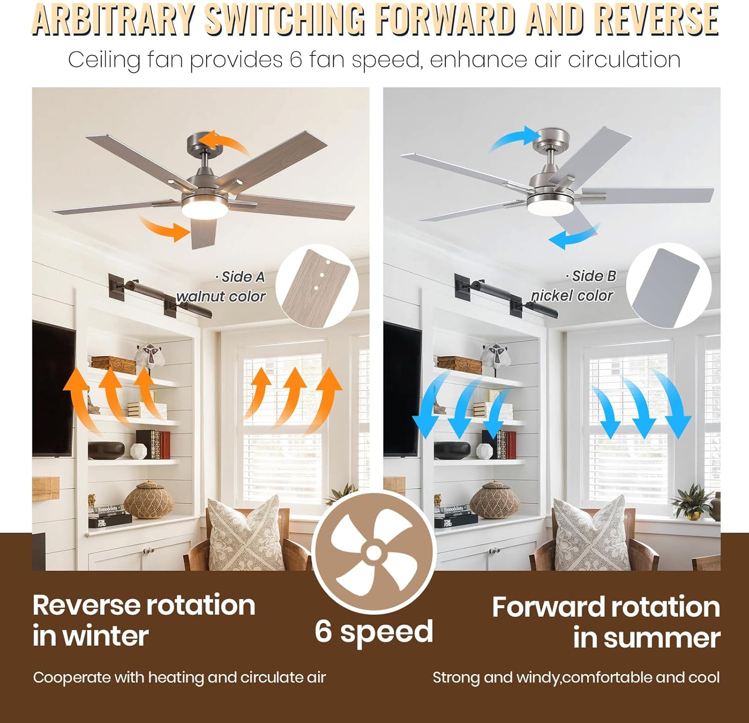 Ceiling Fans with Lights, 52 inch Brushed Nickel Ceiling Fans with Lights and Remote Control, Reversible, 3CCT, Dimmable, Noiseless, Downrod, Modern Ceiling Fan for Bedroom, Indoor/Outdoor Use