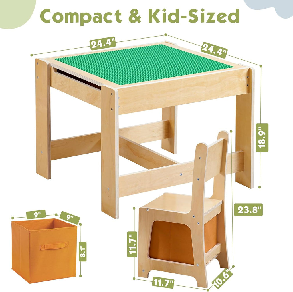 Wooden Kids Table and Chair Set, 3 in 1 Activity Table with Storage Drawer, 2 in 1 Detachable Tabletop Construction Play Table Set for Drawing, Reading