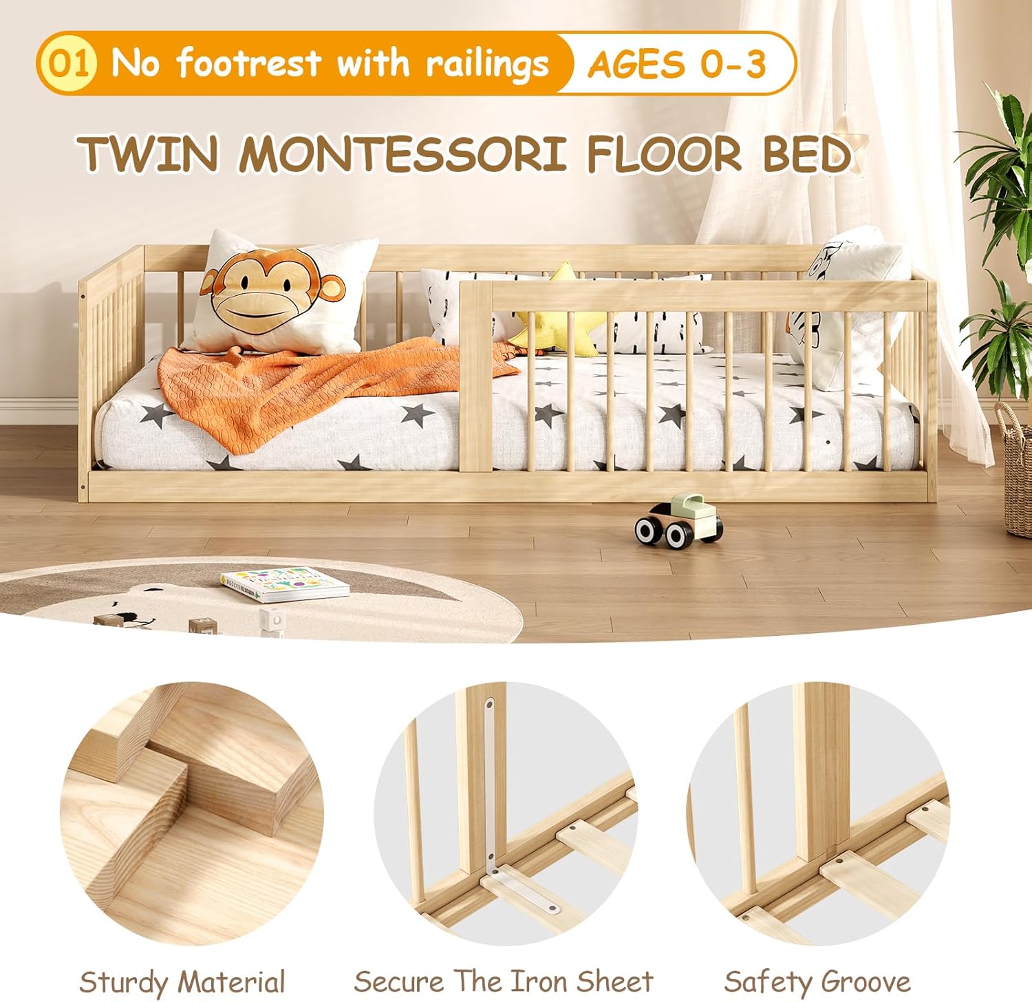 EXPERLAM Montessori Toddler Bed - Variable Twin Toddler Bed Frame with Removable Fences, Legs and 10 Board Slats, Toddler Floor Bed with Sturdy Wooden, Floor Bed for All Ages Kids, Bedroom, Livingroom