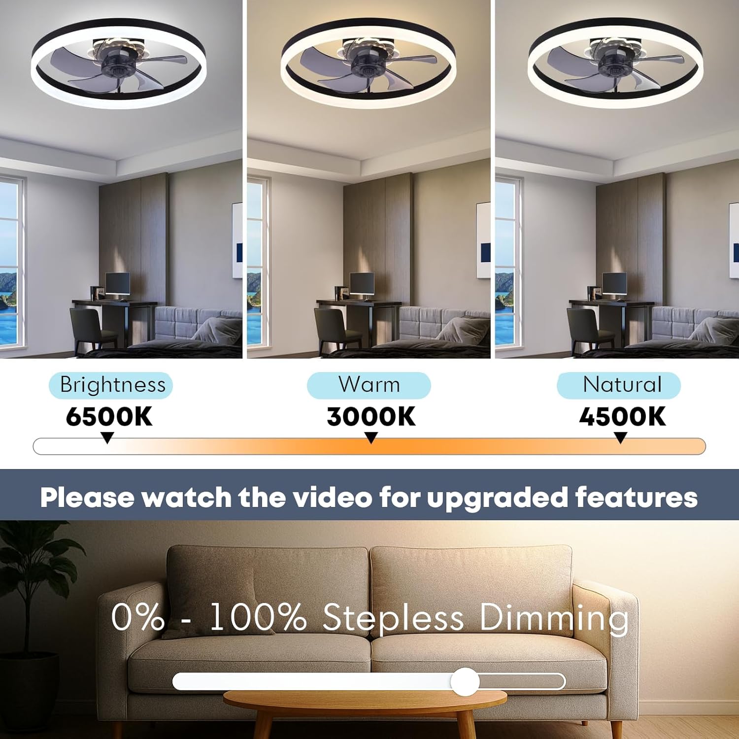 Fszdorj 23.6'' Ceiling Fan with Light, Upgraded Low Profile Fan, Flush Mount Ceiling Fan, 6 Speeds, Dimmable LED, App & Remote Control, Quiet DC Motor, for Bedroom, Living Room, F115 Black