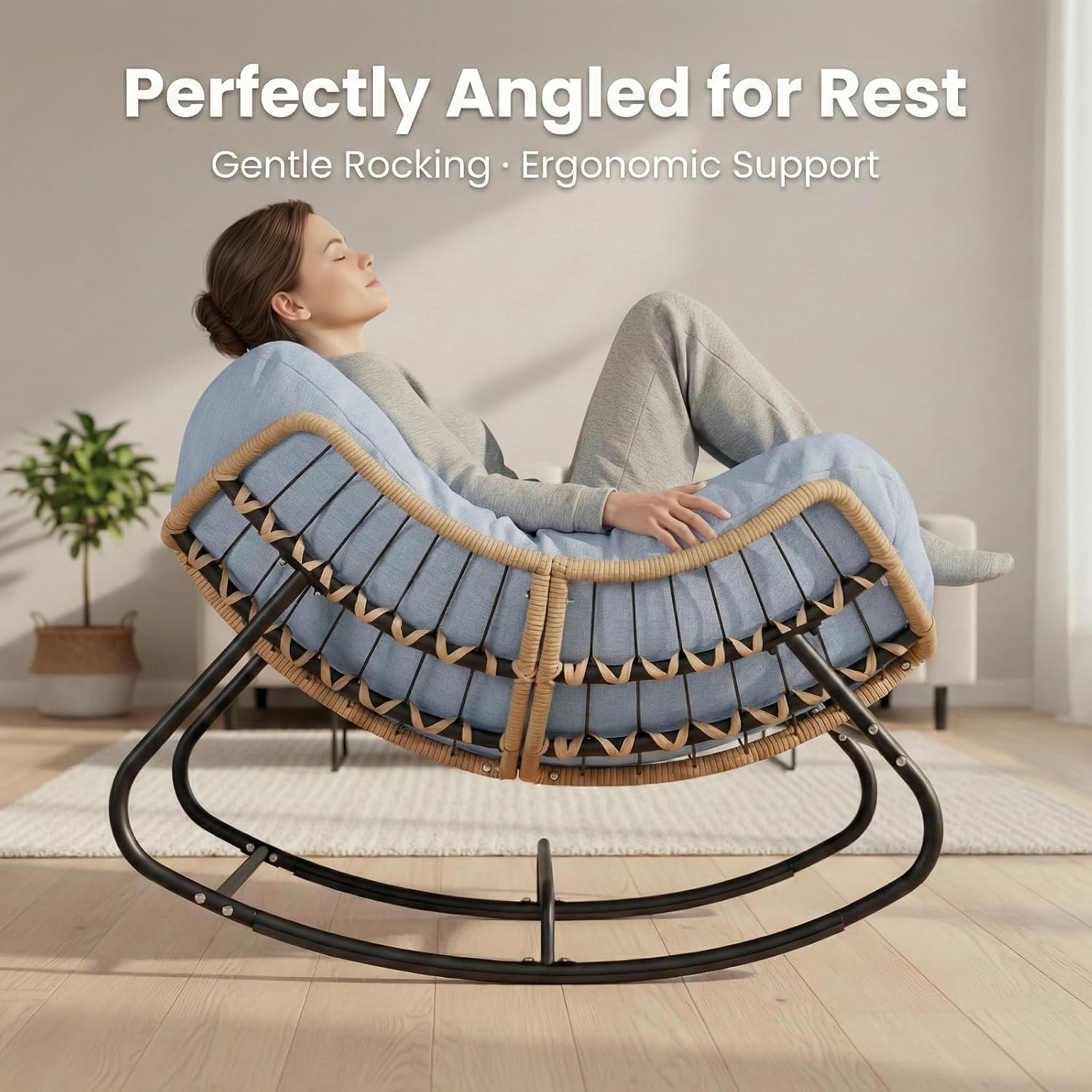 SWITTE Outdoor Rocking Chair, Oversized Patio Papasan Rocker, Comfy Wicker Reading Lounge, Indoor Bed-Like Egg Chair for Bedroom,Balcony, Porch, Garden, Light Blue