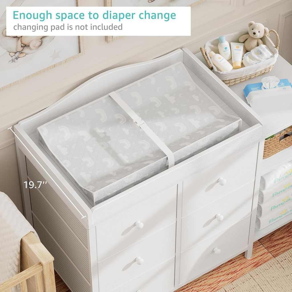 BOLUO Baby Dresser with Changing Table Top, Black Changing Table Dresser with 6 Fabric Drawers Diaper Changing Station with Storage Shelf for Nursery Modern