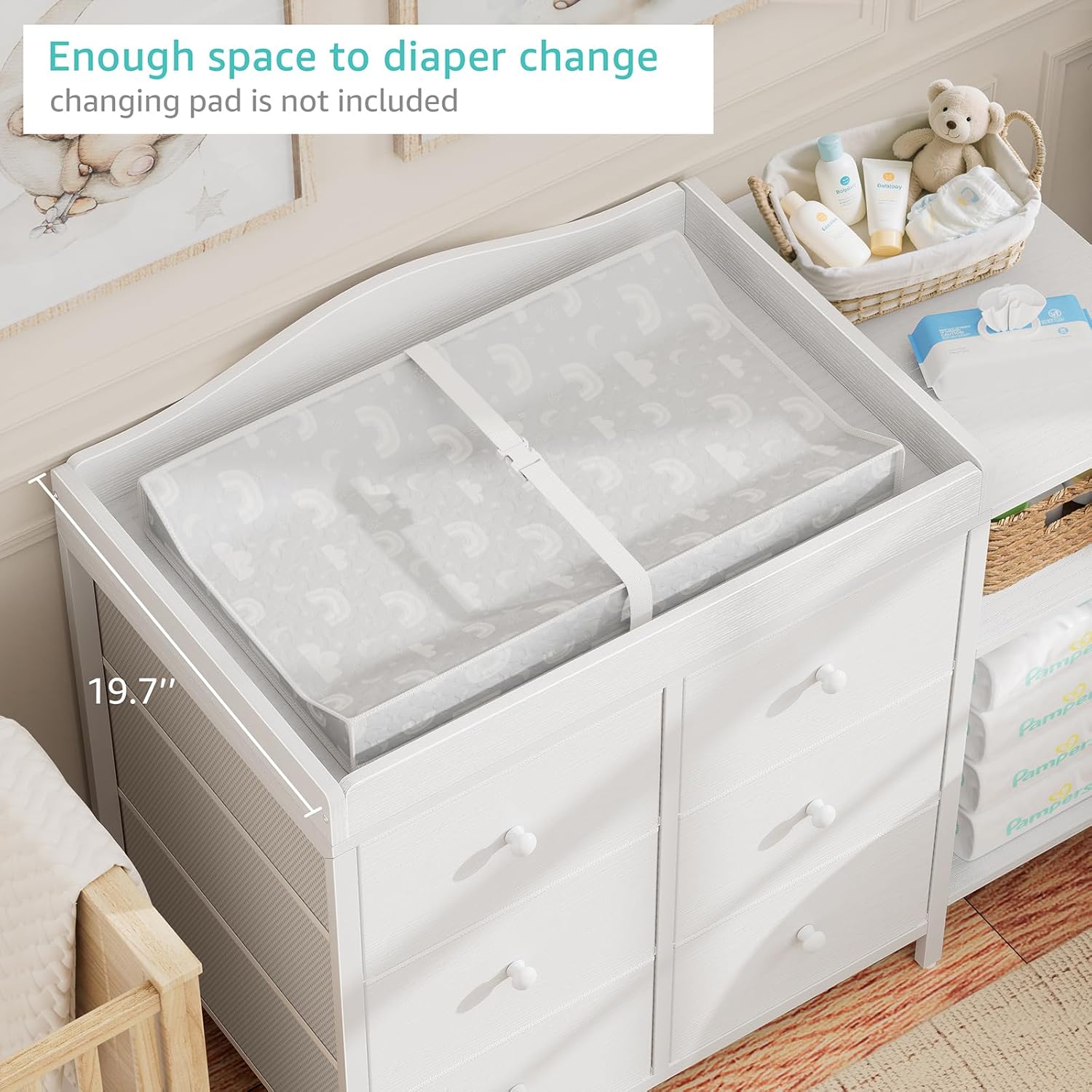 BOLUO Baby Dresser with Changing Table Top, Black Changing Table Dresser with 6 Fabric Drawers Diaper Changing Station with Storage Shelf for Nursery Modern