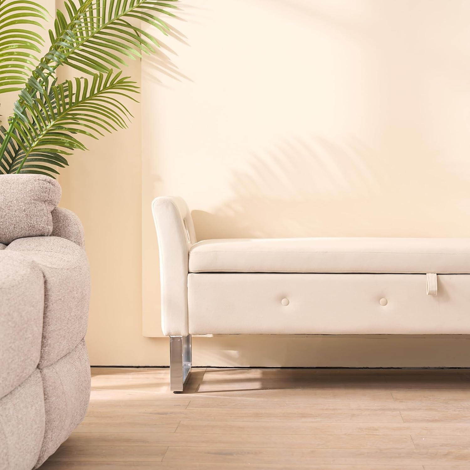GDFStudio Velvet Storage Bench with Hidden Compartment - Upholstered Ottoman for Entryway, Bedroom, Living Room - Soft Foam Cushion, Sturdy Silver Metal Legs, Easy Assembly - Beige Storage Seat