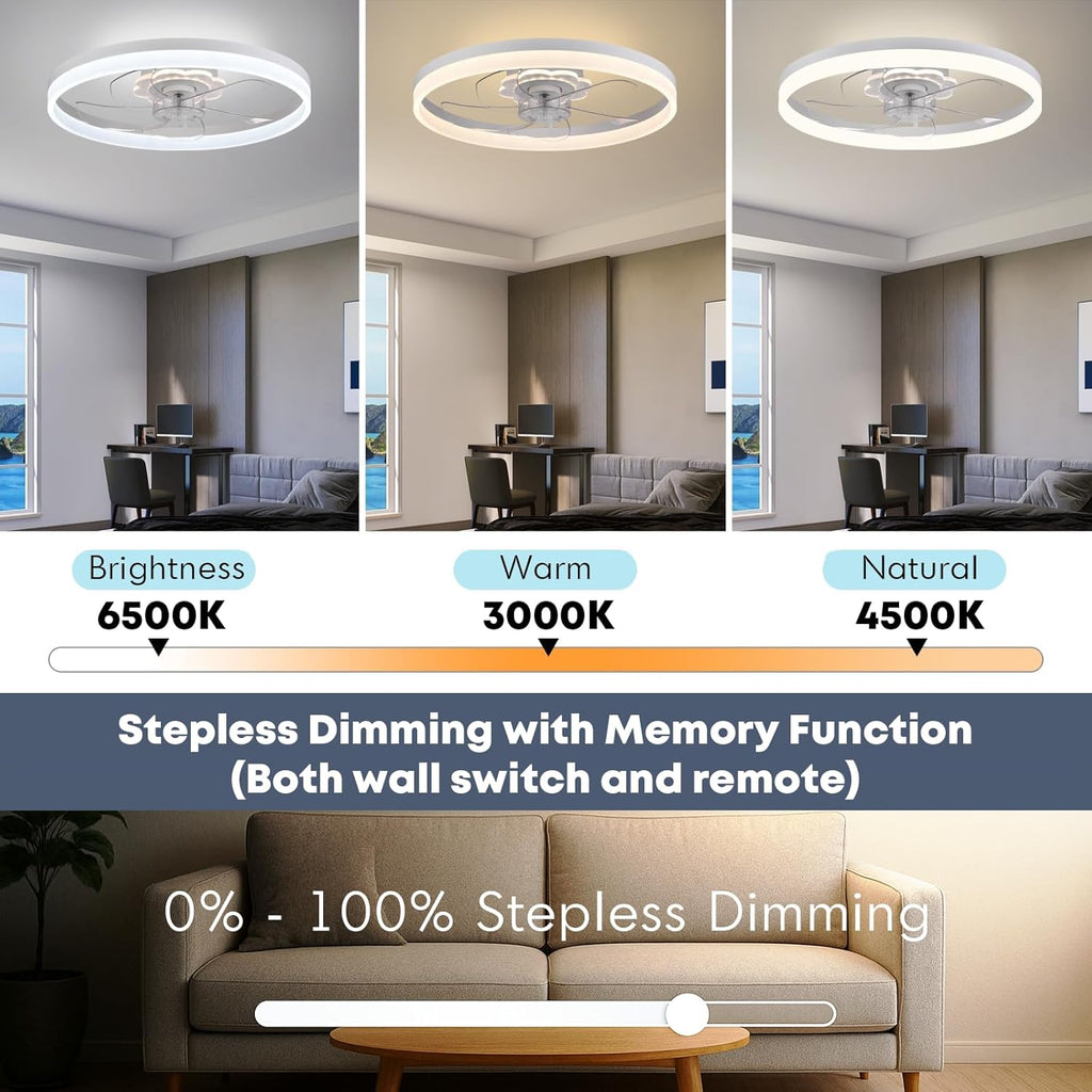 Fszdorj 23.6'' Ceiling Fan with Light, Upgraded Low Profile Fan, Flush Mount Ceiling Fan, 6 Speeds, Dimmable LED, App & Remote Control, Quiet DC Motor, for Bedroom, Living Room, F115 White
