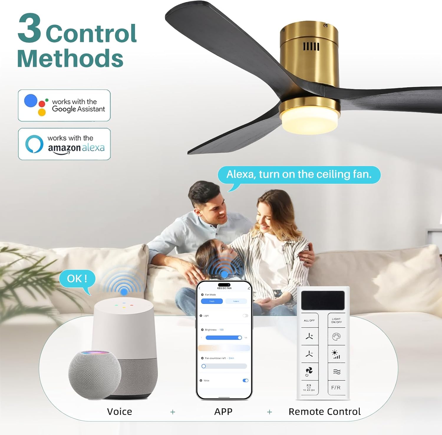 Sofucor 52 Inch Smart Ceiling Fans with Lights-Flush Mount Low Profile Modern Outdoor Solid Wood Ceiling Fans with Alexa/Google Assistant/APP/Remote Control for Bedroom/Farmhouse/Patio, Black Gold