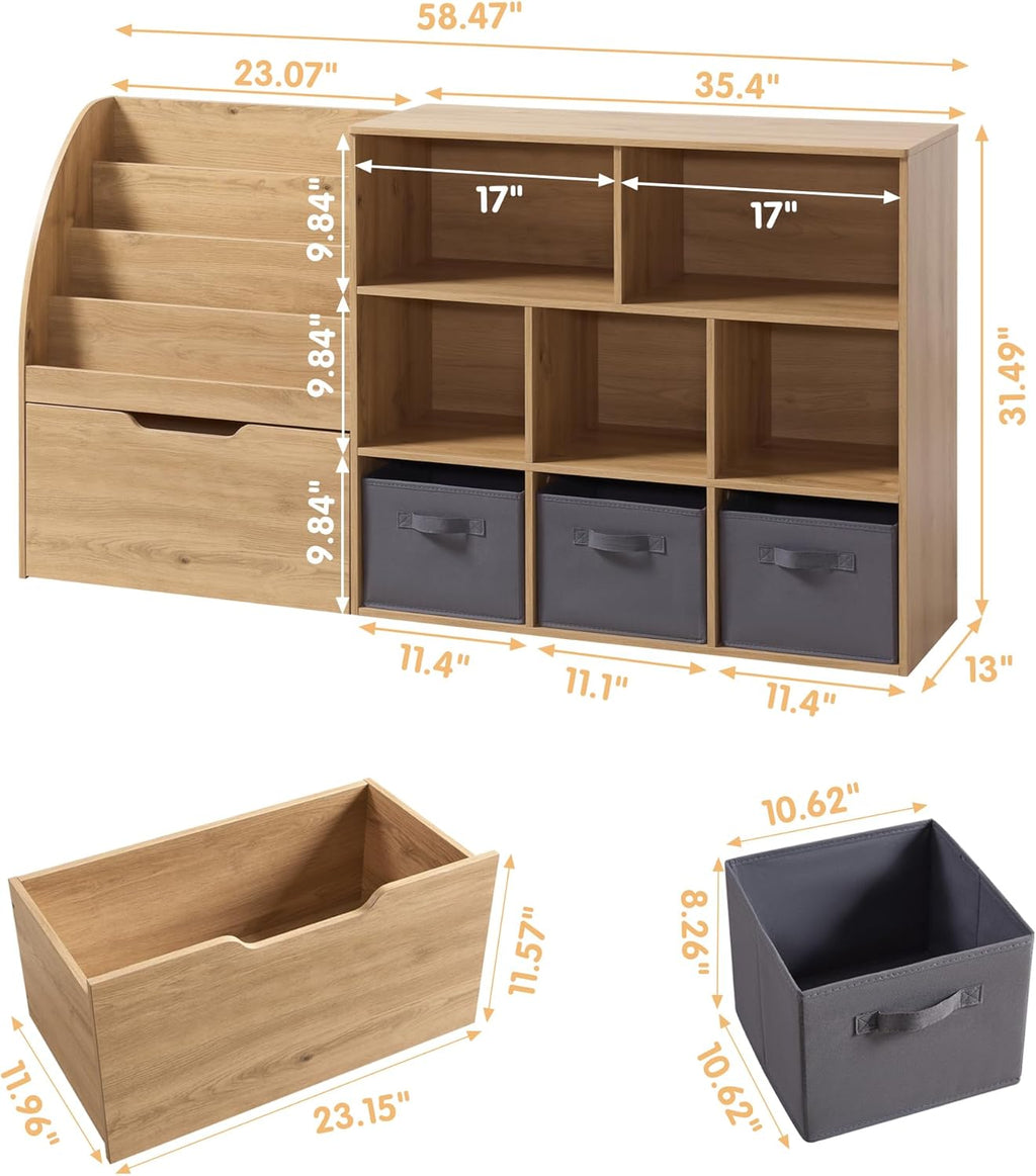 Fatmok Kids Bookshelf and Toy Storage, Toy Storage Organizers with Movable Drawers & 3 Storage Bins, Kids Reading Nook Toy Organizers Shelf with 5 Cubbies, Natral Wood