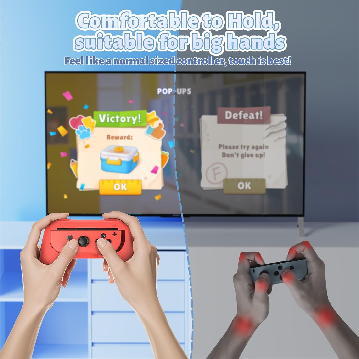 FASTSNAIL Grips Compatible with Nintendo Switch for Joy Con & OLED Model for Joycon, Wear-Resistant Handle Kit and Non-Slip Thumb Grips for Switch Joycon 1 for 3DS & 2DS Accessory Kits (Blue and Red)