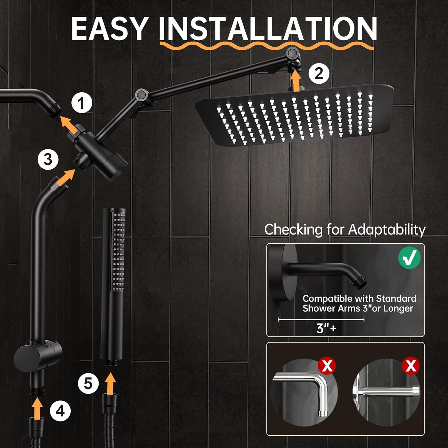 Veken All Metal 10" Black Shower Head with Handheld, Luxurious Square Double Rain Shower Heads with Power Wash Hand Held,Dual High Pressure Detachable Rainfall Showerhead with Arm,Bathroom,Matte Black