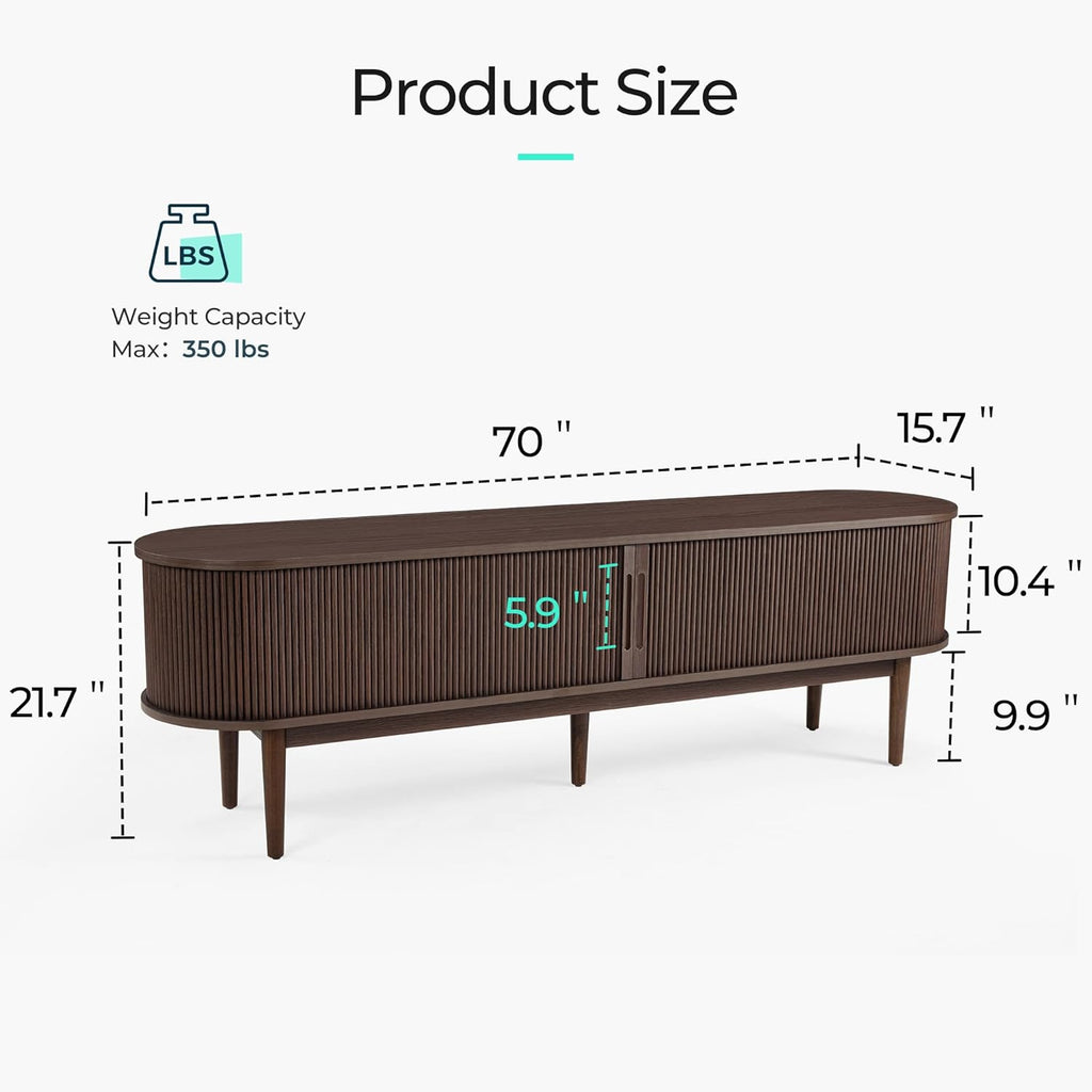 LINSY HOME Fluted TV Stand for 75" TV, Mid-Century Modern 70" Entertainment Center with Sliding Tambour Door and Storage Cabinet, Cruved TV Media Console Table for Living Room, Bedroom, Walnut