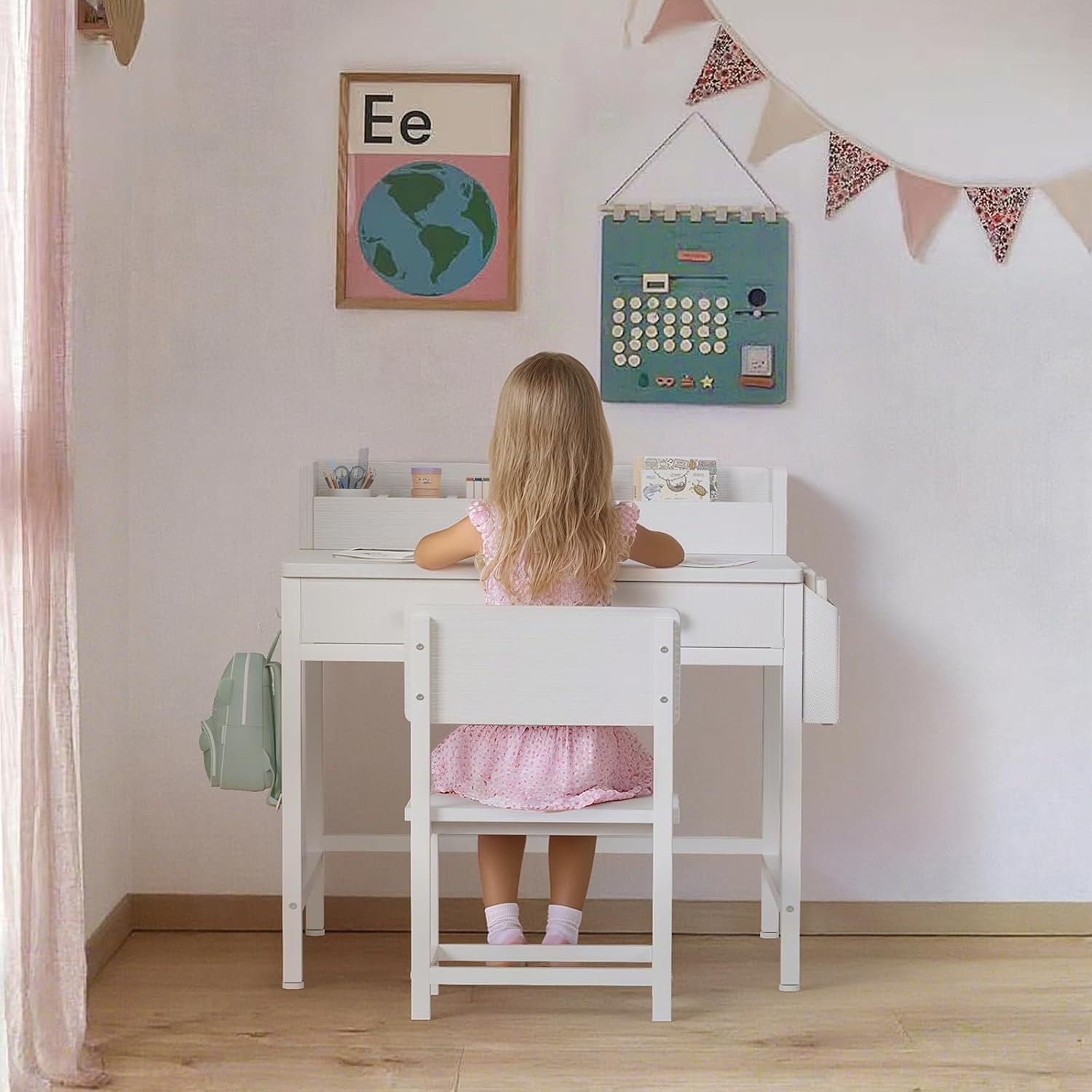 BOLUO White Kids Desk and Chair Set for 5-8 Year Old, Small Child Desk with Fabric Drawer, Children Study Table with Storage Girls Boys