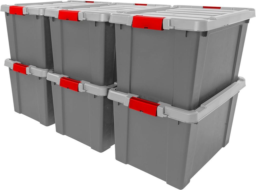 IRIS USA 20 Gallon Lockable Storage Totes with Lids, 6 Pack - Gray, Heavy-Duty Durable Stackable Containers, Large Garage Organizing Bins Moving Tubs, Rugged Sturdy Equipment Utility Tool Box