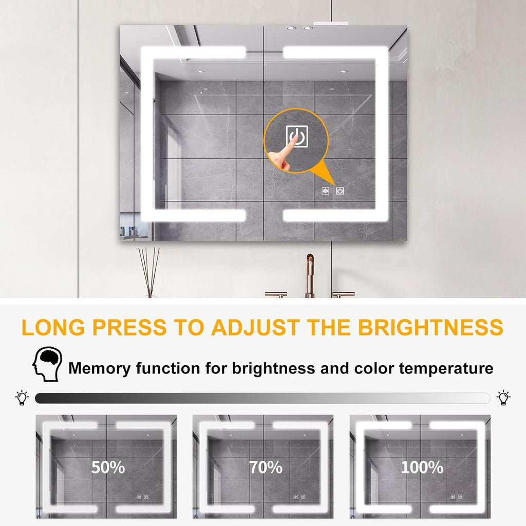 Snughome Bathroom Medicine Cabinet with Mirror and LED Lights, Wall Mount Bathroom Mirror with Storage, Anti-Fog, Built-in Power Outlets, Dimmable 3 Color Temp, Antirust Easy to Install, 31.5" x 23.6"