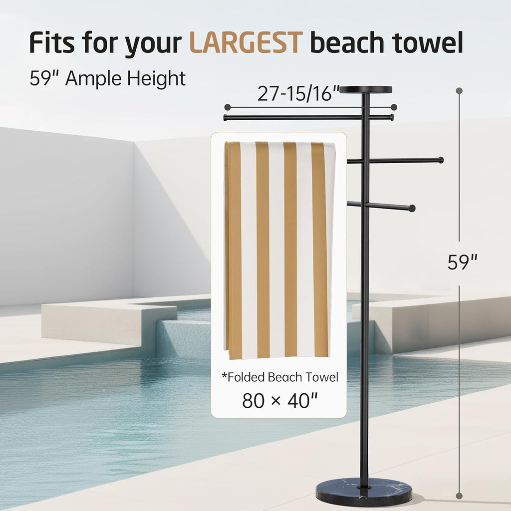 Natural Marble 59 Inch Outdoor Towel Rack with Weighted Base, KES Pool Towel Rack Outdoor for Hot Tub 18/8 Stainless Steel, Adjustable 3 Arms with Storage Tray, Matte Black OTR200-BBK