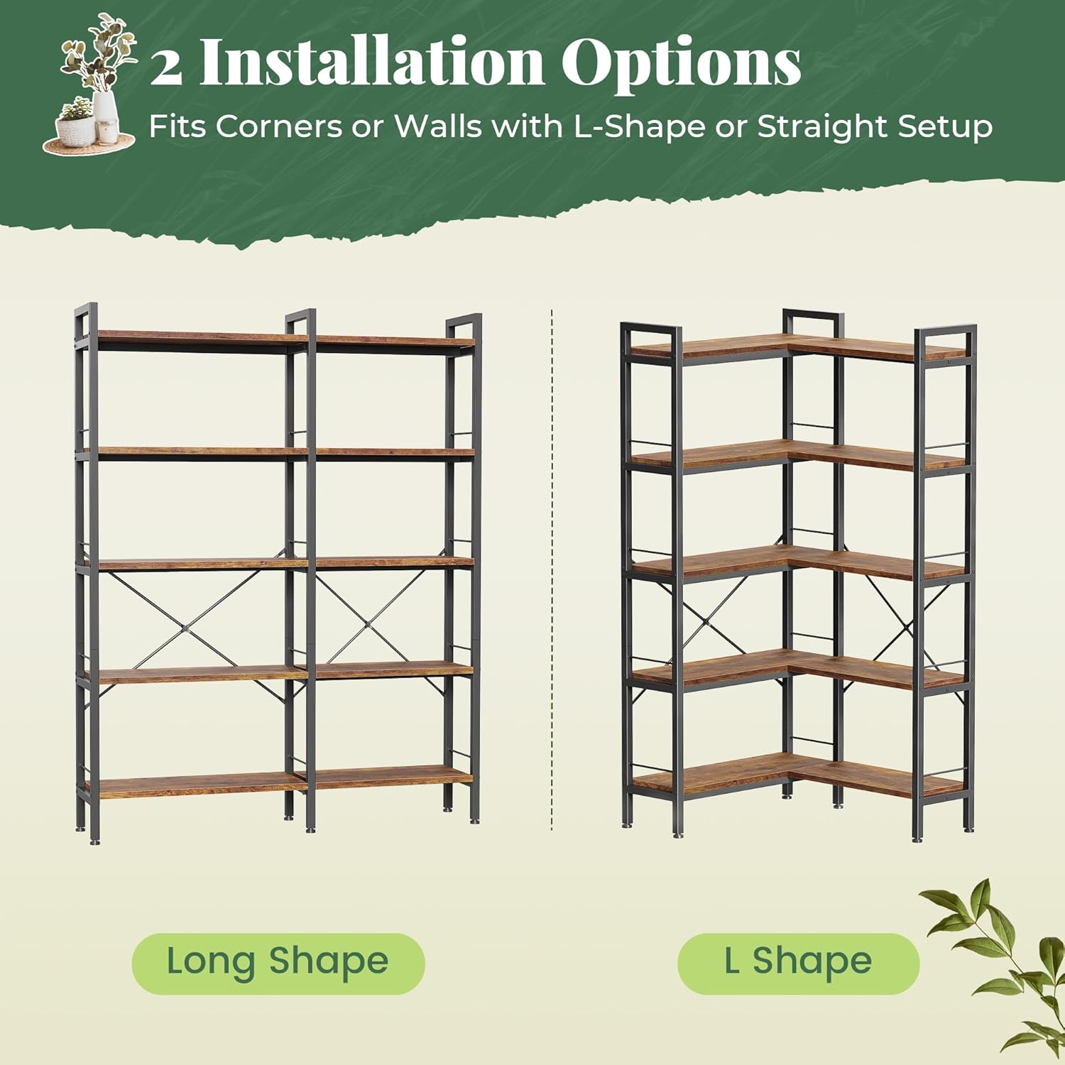 Huuger 5 Tier Bookshelf, L Shaped Corner Bookshelf with 10 Open Shelves, 49.4 Inch Straight Wide Bookcase with Metal Frame and Wooden Board, Adjustable Feet, Rustic Brown