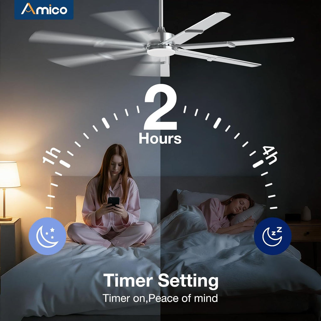 Amico Ceiling Fans with Lights,66 inch Nickel Ceiling fan with Light and Remote, 6 Speed Reversible DC Motor, 3CCT, Dimmable, Quiet, Timer, Outdoor Ceiling Fan with Light for Patios, Indoor/Outdoor