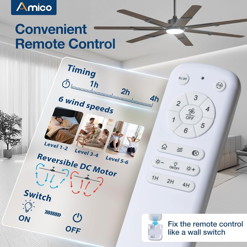 Amico Ceiling Fans with Lights,66 inch Walnut Ceiling fan with Light and Remote, 6 Speed Reversible DC Motor, 3CCT, Dimmable, Quiet, Timer, Outdoor Ceiling Fans for Patios, Indoor/Outdoor