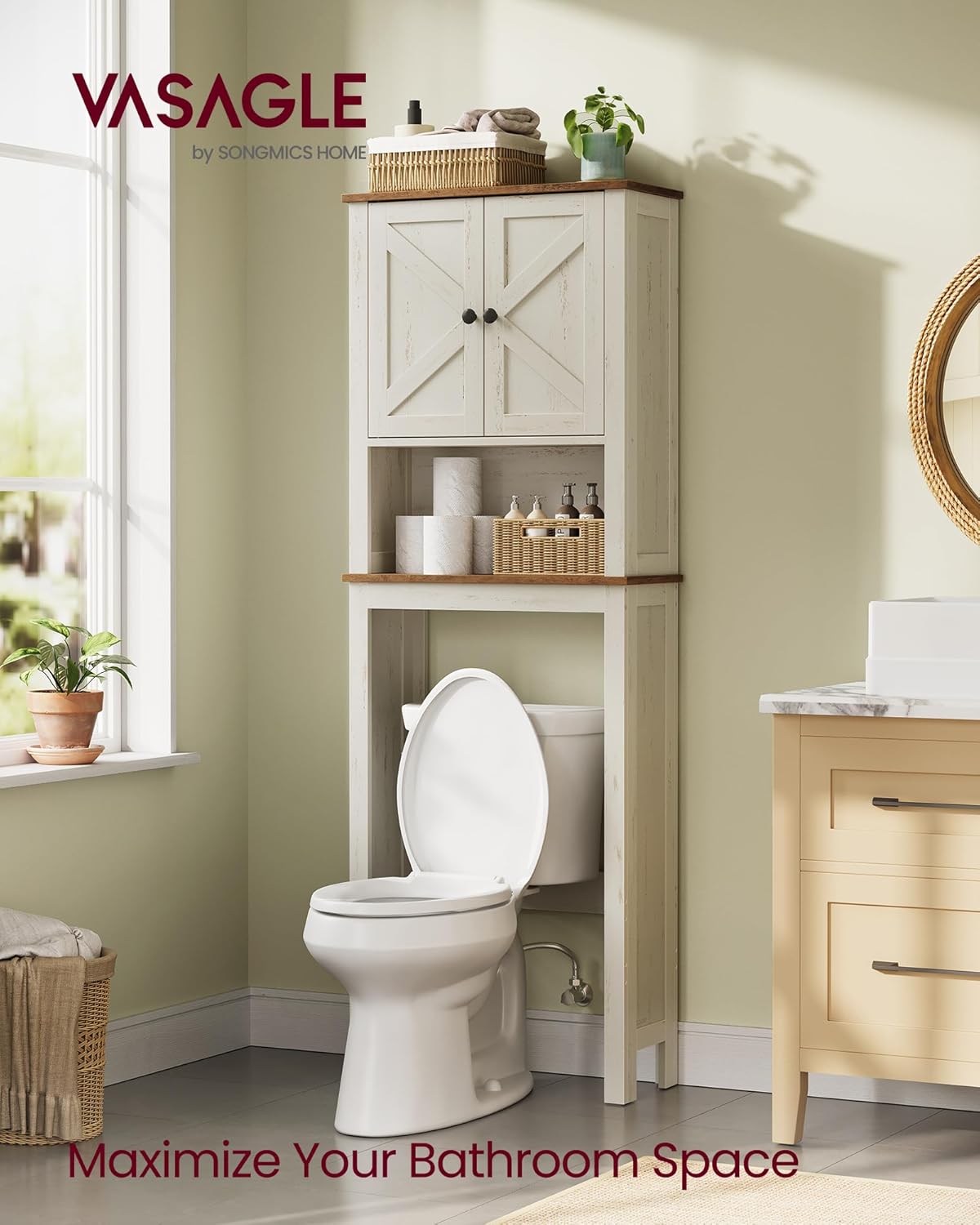 VASAGLE LIRY Collection - Over-The-Toilet Storage Cabinet, 23.6-Inch Wide Farmhouse Bathroom Organizer, with Barn Doors, Adjustable Shelf, Space-Saving, Rustic White UBTS026W01