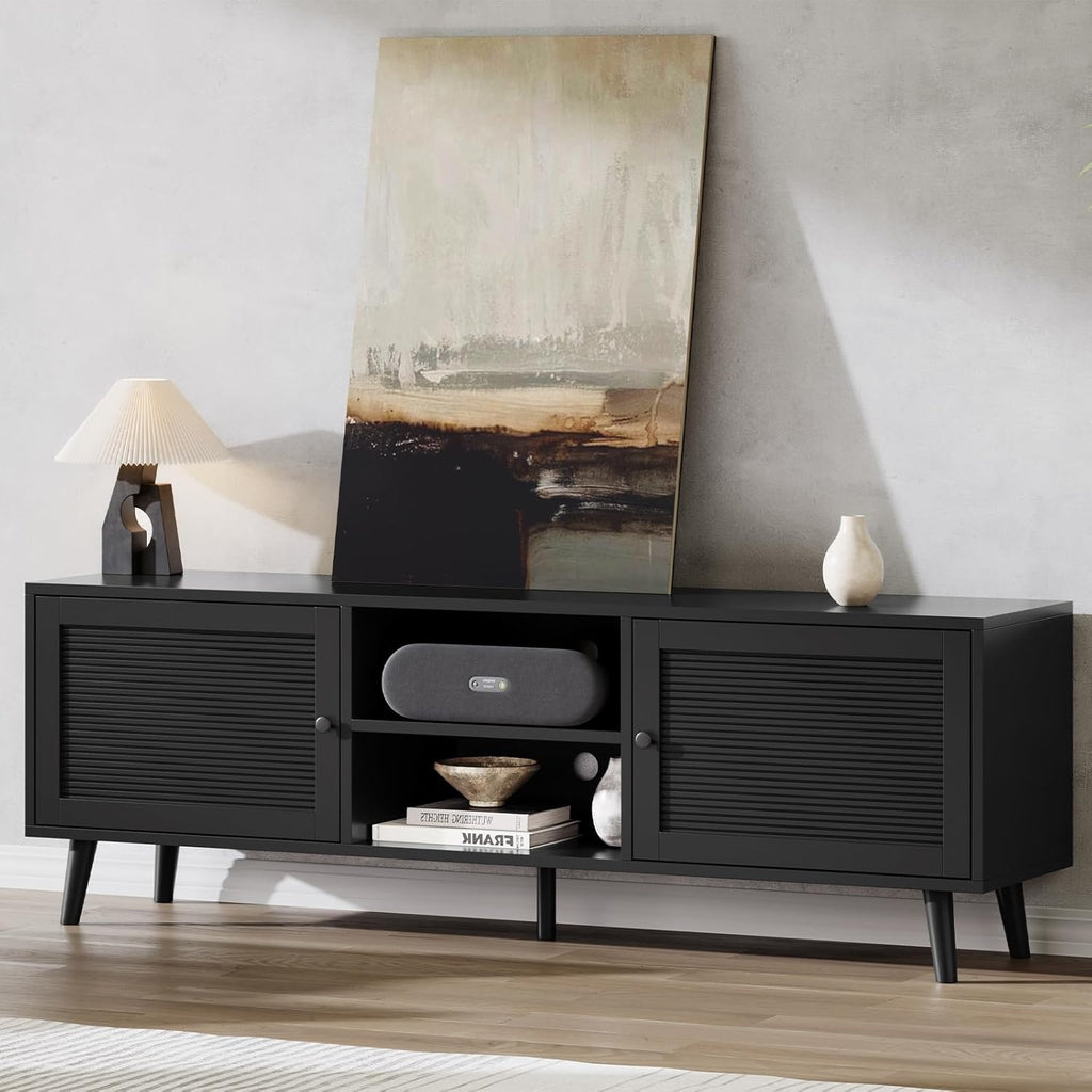 TV Stand for 70 inch TV, Black Fluted Entertainment Center for TV up to 80", TV Stand for Living Room with Large Open Storage