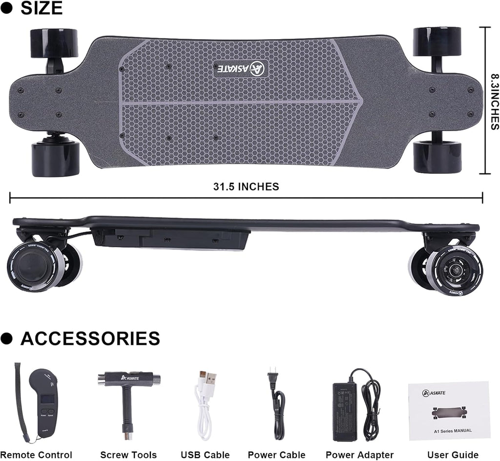 A1 Electric Skateboard with Remote, Rang Up to 17 Miles/24, 8 Ply Canadian Maple, Smooth Breaking, Suitable for Younger Beginners