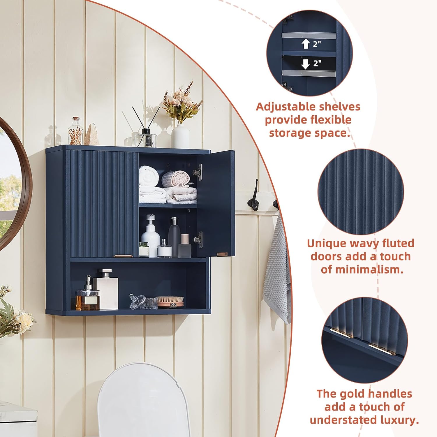 LEYAOYAO Fluted Over The Toilet Storage Cabinet & Bathroom Wall Cabinet Set of 2, Farmhouse Above Toilet Organizer, Medicine Cabinet w/Adjustable Shelf & Doors for Laundry Living Room Kitchen(Blue)