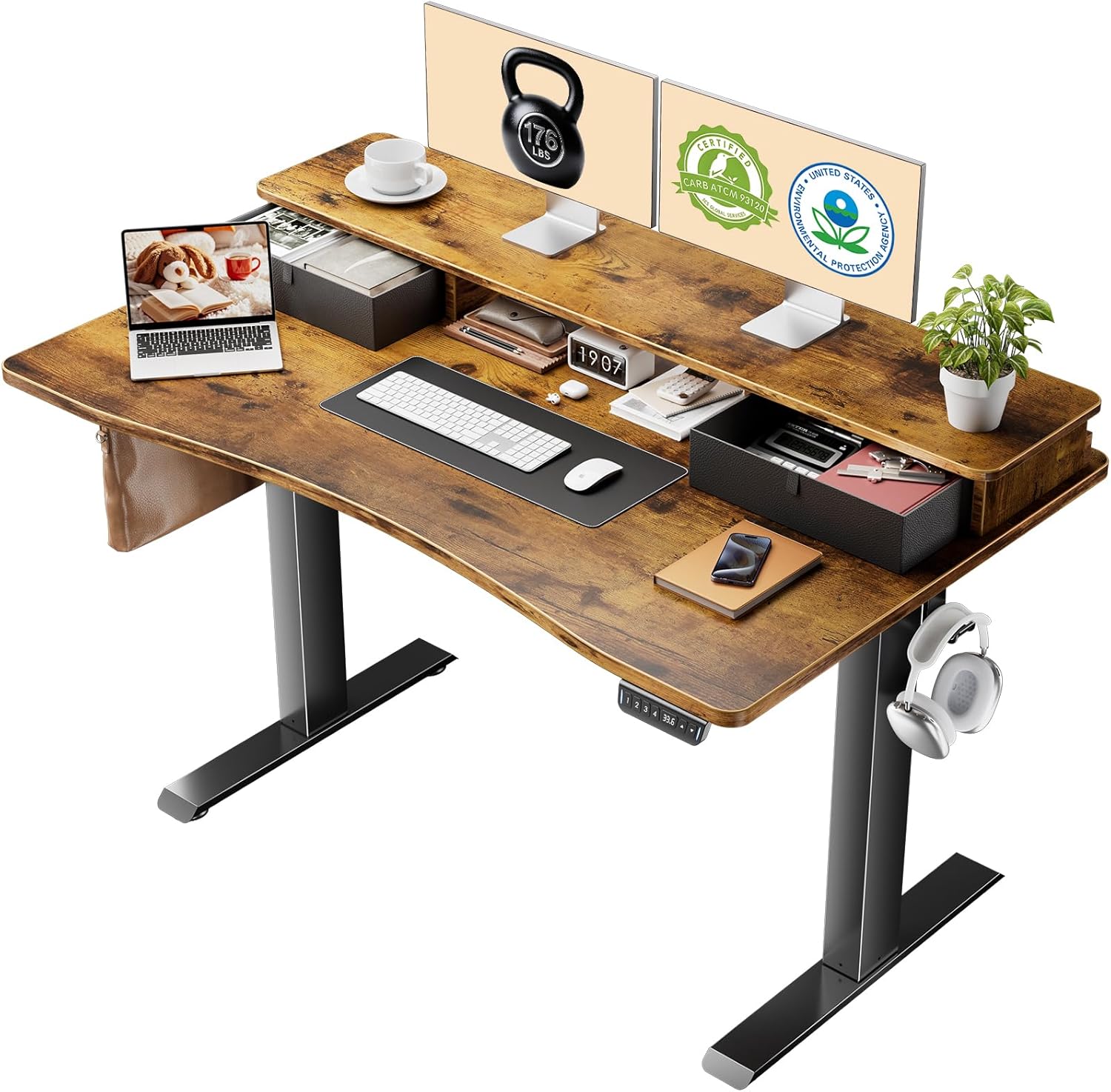 Veken 47.2"×27.6" Standing Desk with Storage Drawers, Adjustable Height Computer Table with Monitor Shelf, Home Office Desk for Study, Gaming, Workstation, Brown