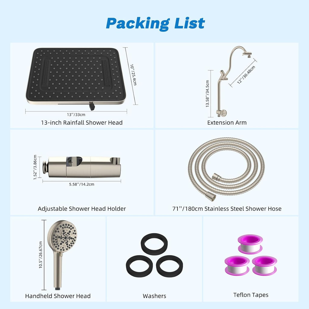 Hibbent cUPC Certified 13'' Shower Head Combo, High Pressure 5 Spray Rainfall Showerhead, 10 Spray Handheld, All Metal Easy Reach 4-way Diverter Arm with Pause Mode, 71'' Hose & Holder, Brushed Nickel