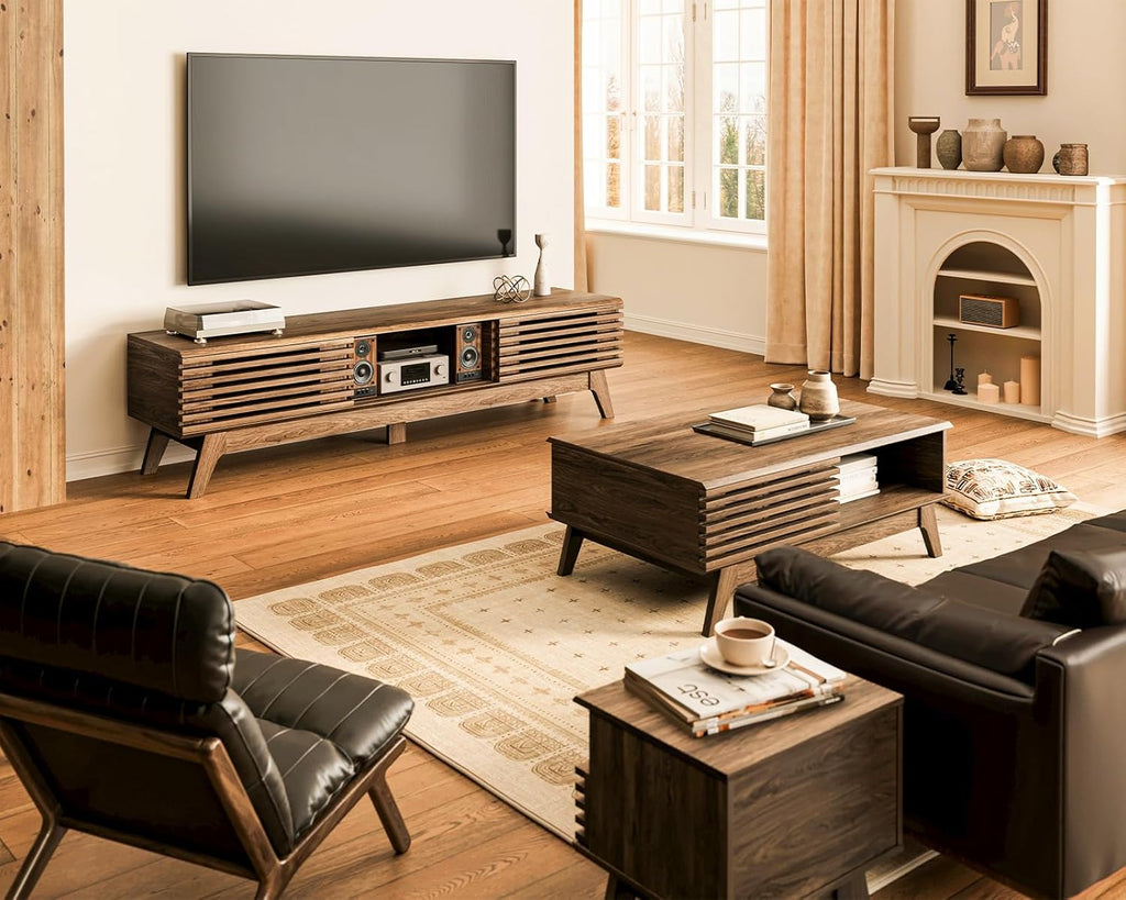 AODK 59" TV Stand for 55"/60"/65" TVs, Mid-Century Modern Fluted Entertainment Center with Sliding Doors, Storage Cabinets & Media Console Table, Living Room & Bedroom, Walnut