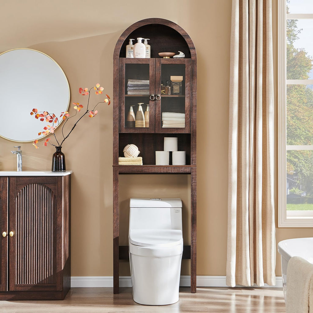 IFGET Arched Over The Toilet Storage Cabinet with Acrylic Doors, Modern Over Toilet Bathroom Organizer Shelf, Small Wooden Bathroom Storage Cabinet with Adjustable Shelf, Space Saver, Dark Walnut