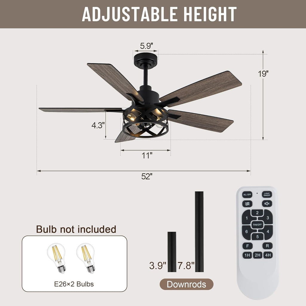 52" Farmhouse Ceiling Fan with Lights and Remote,Ceiling Fan with Caged Rustic Light Fixture,Reversible DC Motor,5 Double Finish Wood Blades for Patio,Living Room,Dining Room,Bedroom