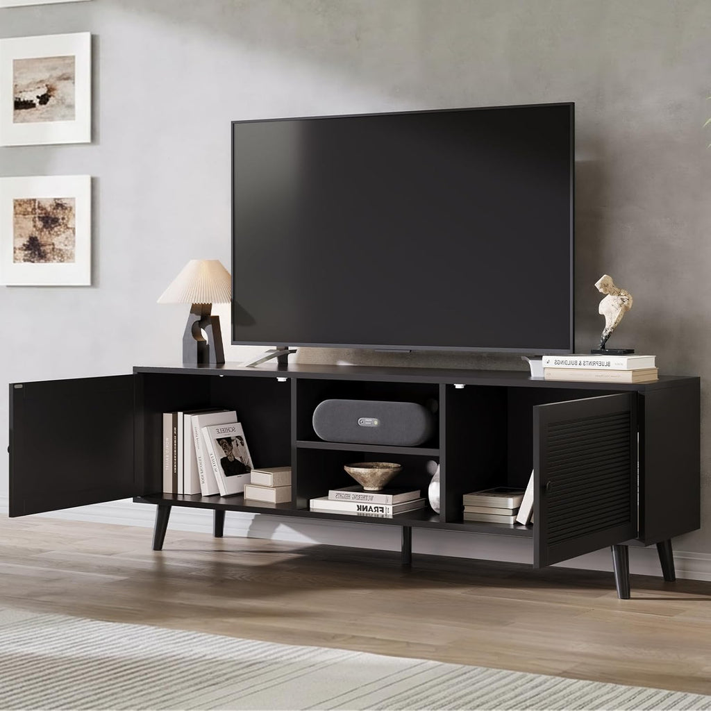 TV Stand for 70 inch TV, Black Fluted Entertainment Center for TV up to 80", TV Stand for Living Room with Large Open Storage