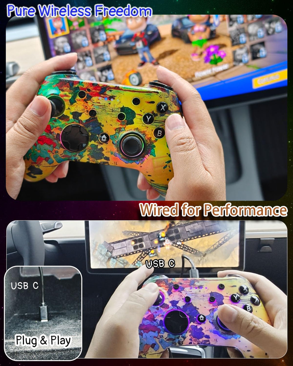 Wzuiсov RGB Wireless Game Controller for Switch/PC/iPhone/Android - Bluetooth & USB-C Wired with Phone Mount, USB C to A Adapter, Tablet, TV Box & Tesla Compatible