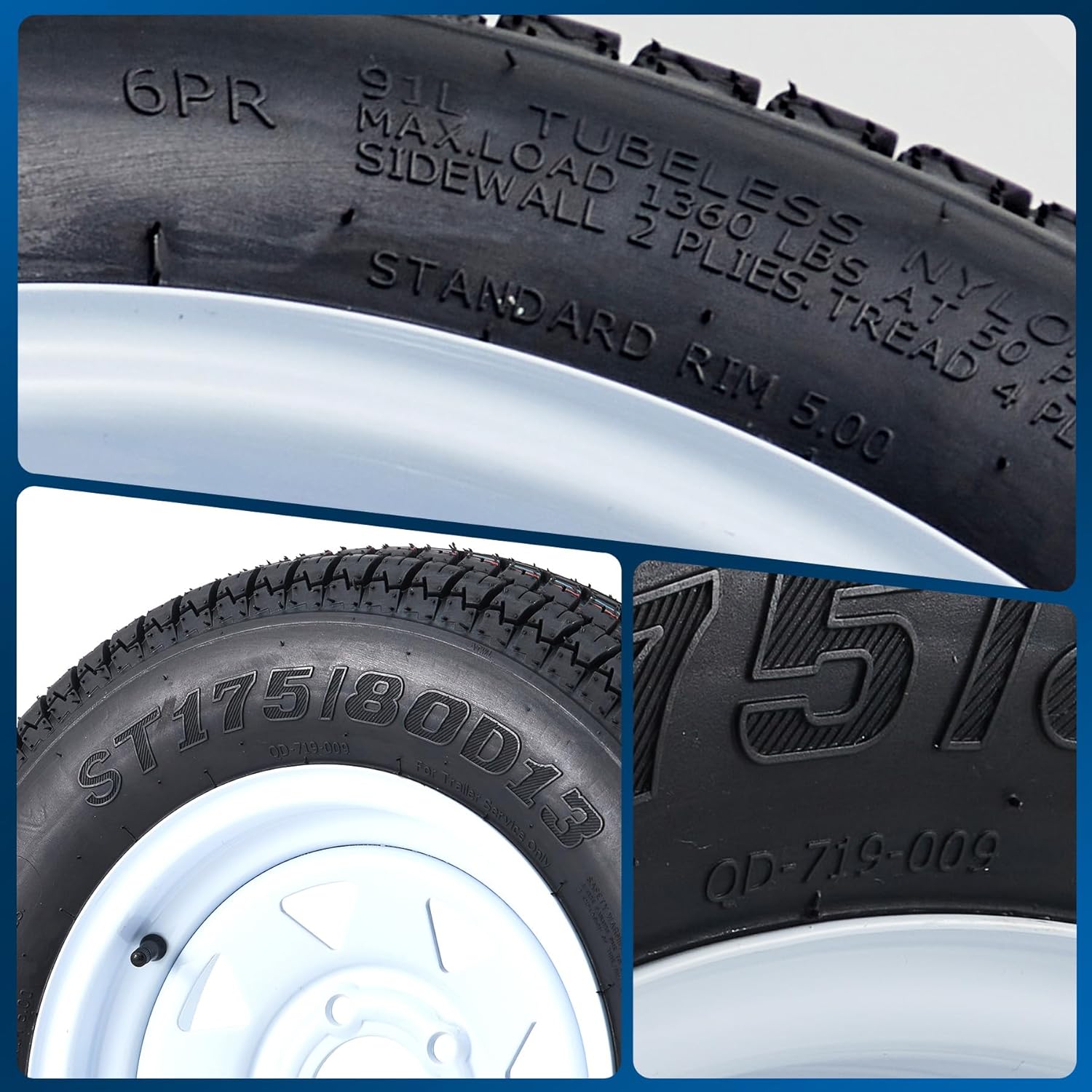 Garvee ST175/80D13 Trailer Tires with 13 in Rims, 5 Lug on 4.5 in, Load Range C, 6PR