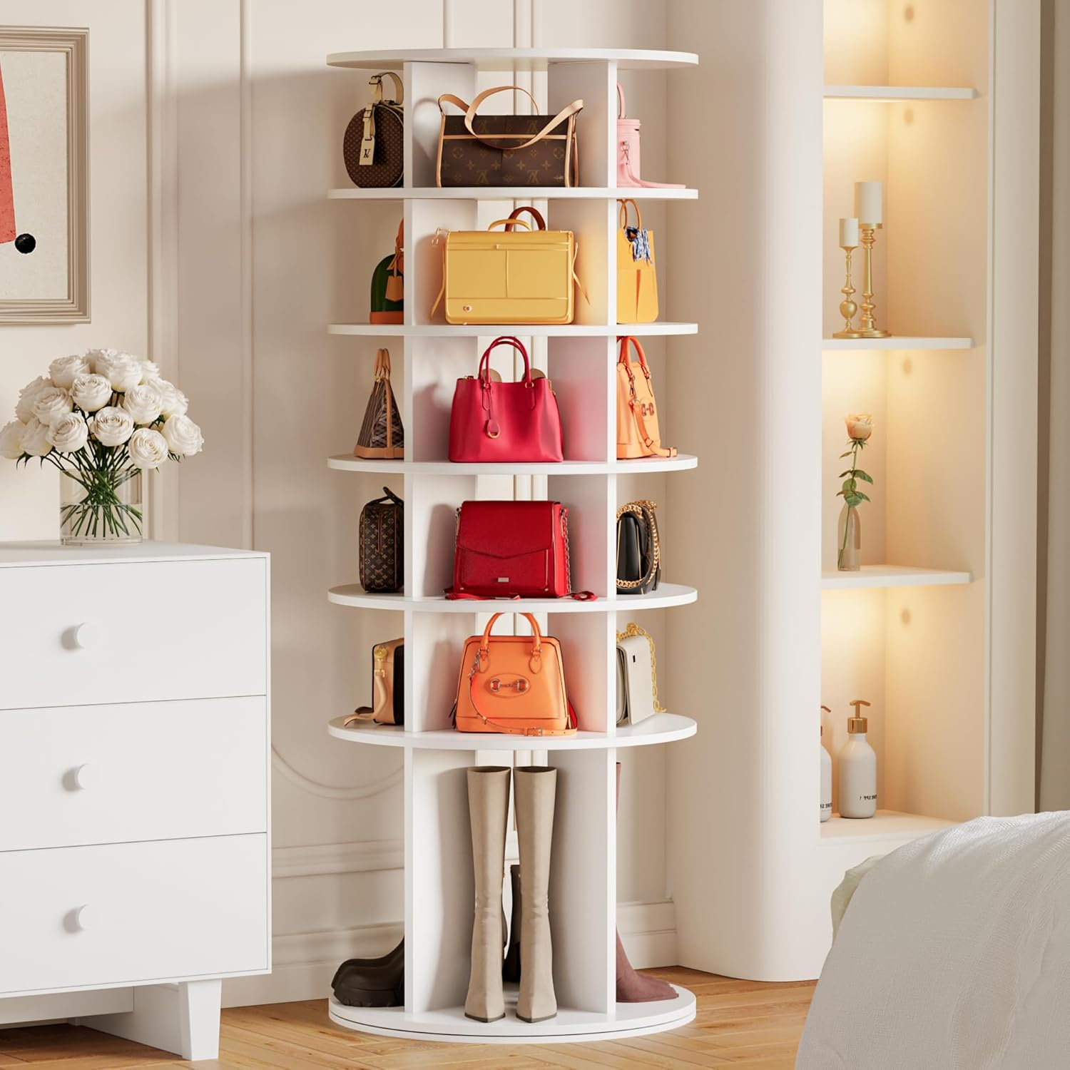 JUMMICO Rotating Shoe Rack Tower, 6-Tier Vertical Closet Storage Organizer for Shoes, Handbags & Tall Boots, 360° Spinning Lazy Susan Base, Space-Saving for Bedroom & Closet (White)
