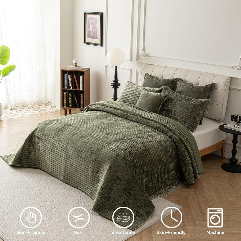 Velvet Oversized King Size Quilt Set 120x128 Soft Striped Bed Cover Set All Seasons Cozy Breathable Bedspread Includes 2 Pillowcases 20×36,Army Green