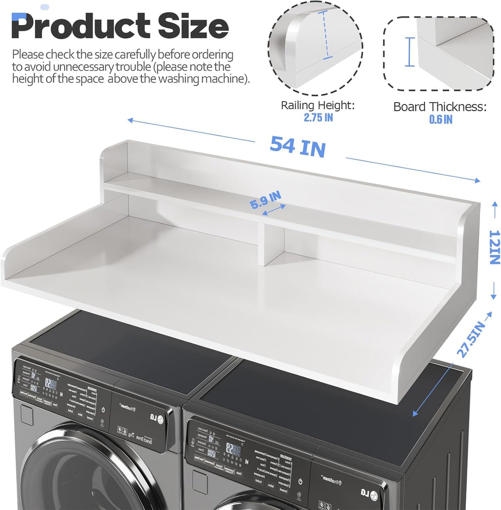 2-Tier Washer and Dryer Countertop with 2.75" H Guard,54" W x 27.5" D Laundry Countertop Cover with Non-Slip Pad,Large Space Laundry Topper for Folding Clothes Over Washer and Dryer-White