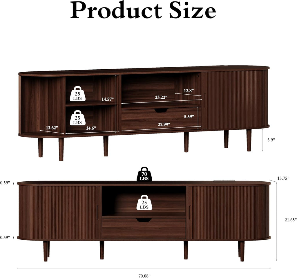 DHH 71" Fluted TV Stand with Power Outlet for TVs up to 80", TV Console with Adjustable Shelves and Sliding Door,Mid Century Modern Entertainment Center for Living Room,Bedroom (Walnut, 71Inch)