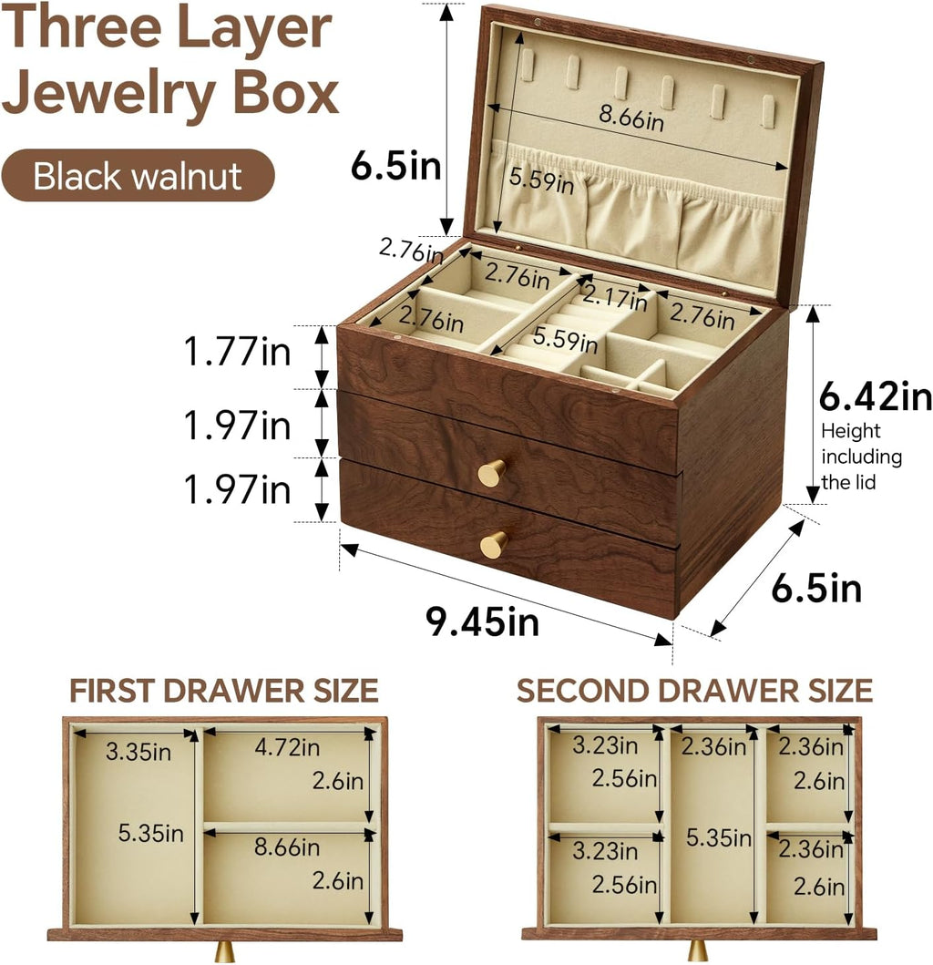 Jewelry Box Organizer for Women & Men, Black Walnut 3 Layer Wooden Jewelry Box with Velvet Lining, Earring & Ring Organizer, Large Capacity Drawer Design for Necklaces, Bracelets (3 layers)