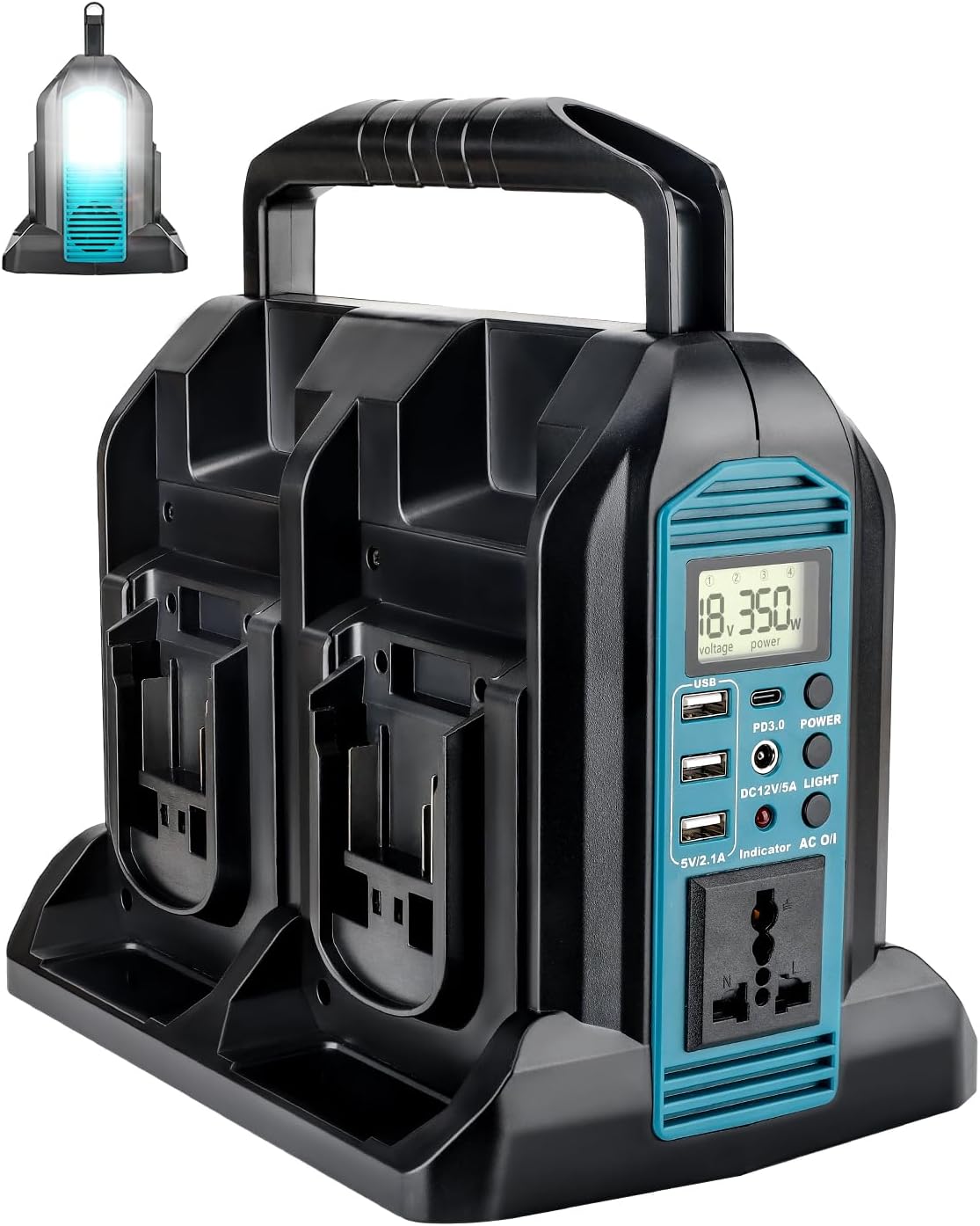 350W Power Inverter for Makita 18V Battery, 4-Ports DC 18V to AC 110-120V Pure Sine Wave Battery Inverter with 3 USB-A Port, 1 USB-C Port,300lm LED Light for Camping Travel Emergency(Tool Only)