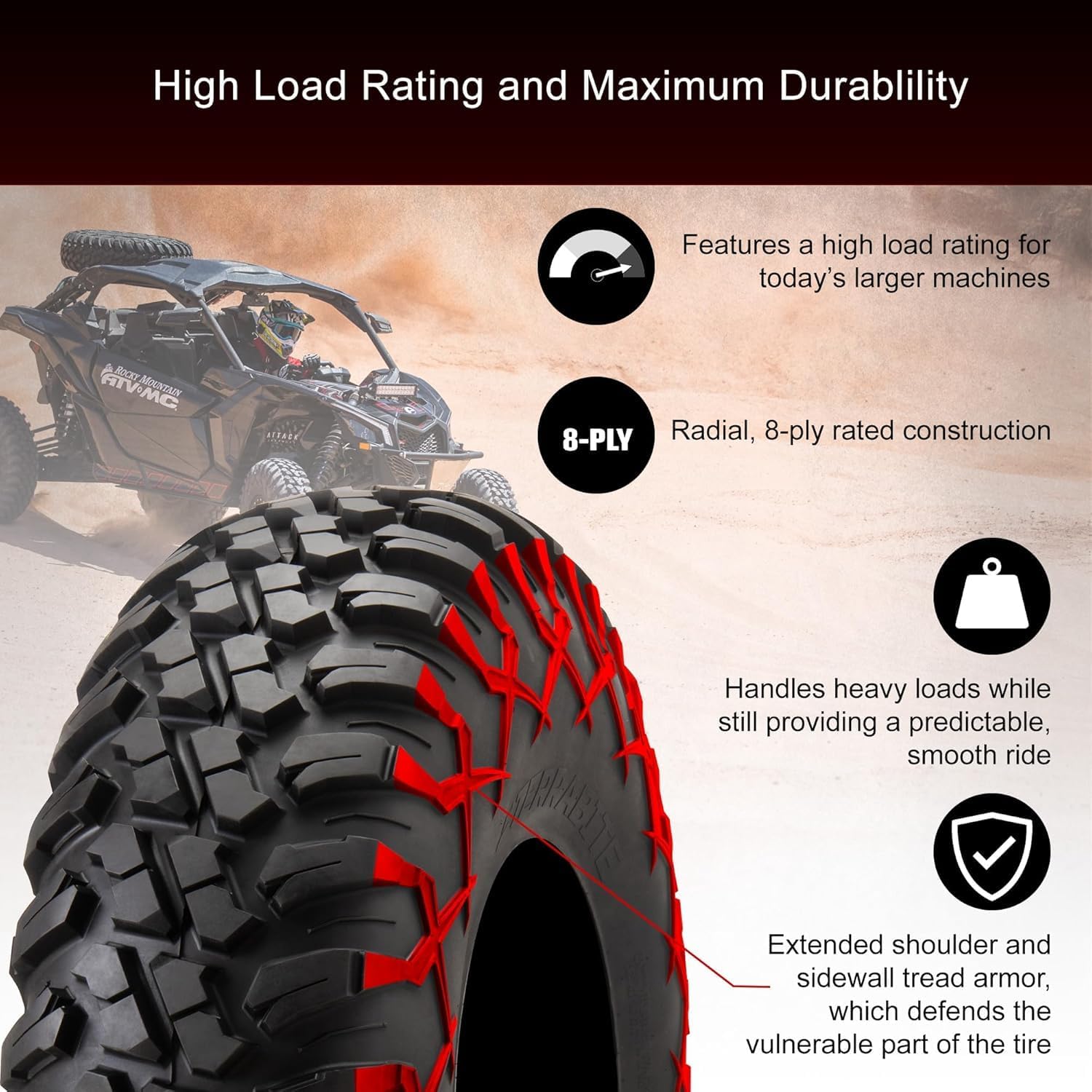 Tusk Set of 30x10-14 TERRABITE Heavy Duty 8-Ply Radial UTV Tires mounted on CASCADE Wheels - Compatible with POLARIS applications 4/156 bolt pattern Includes Lug Nuts (4+3 Offset, Machined/Black)