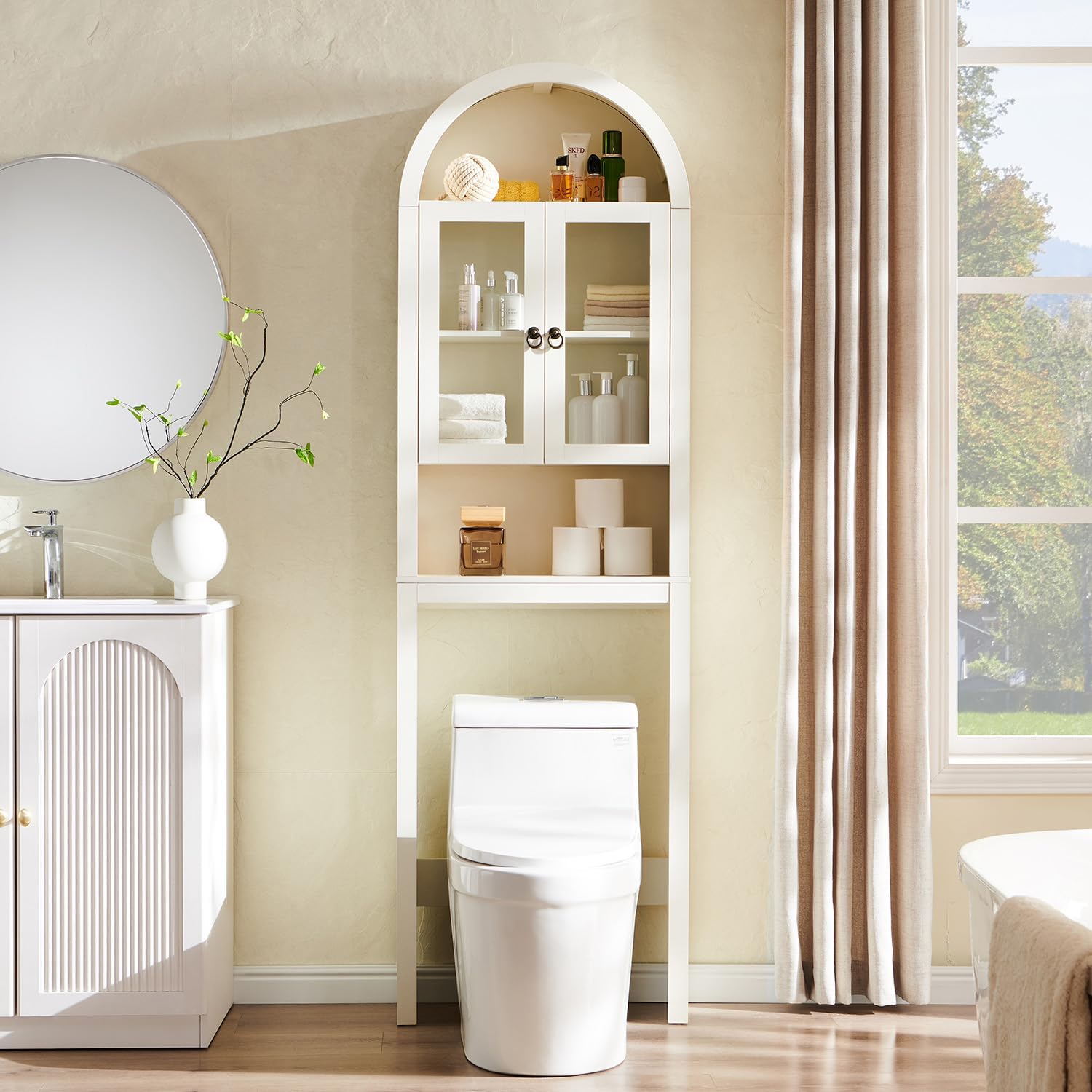 IFGET Arched Over The Toilet Storage Cabinet with Acrylic Doors, Modern Over Toilet Bathroom Organizer Shelf, Small Wooden Bathroom Storage Cabinet with Adjustable Shelf, Space Saver, Antique White