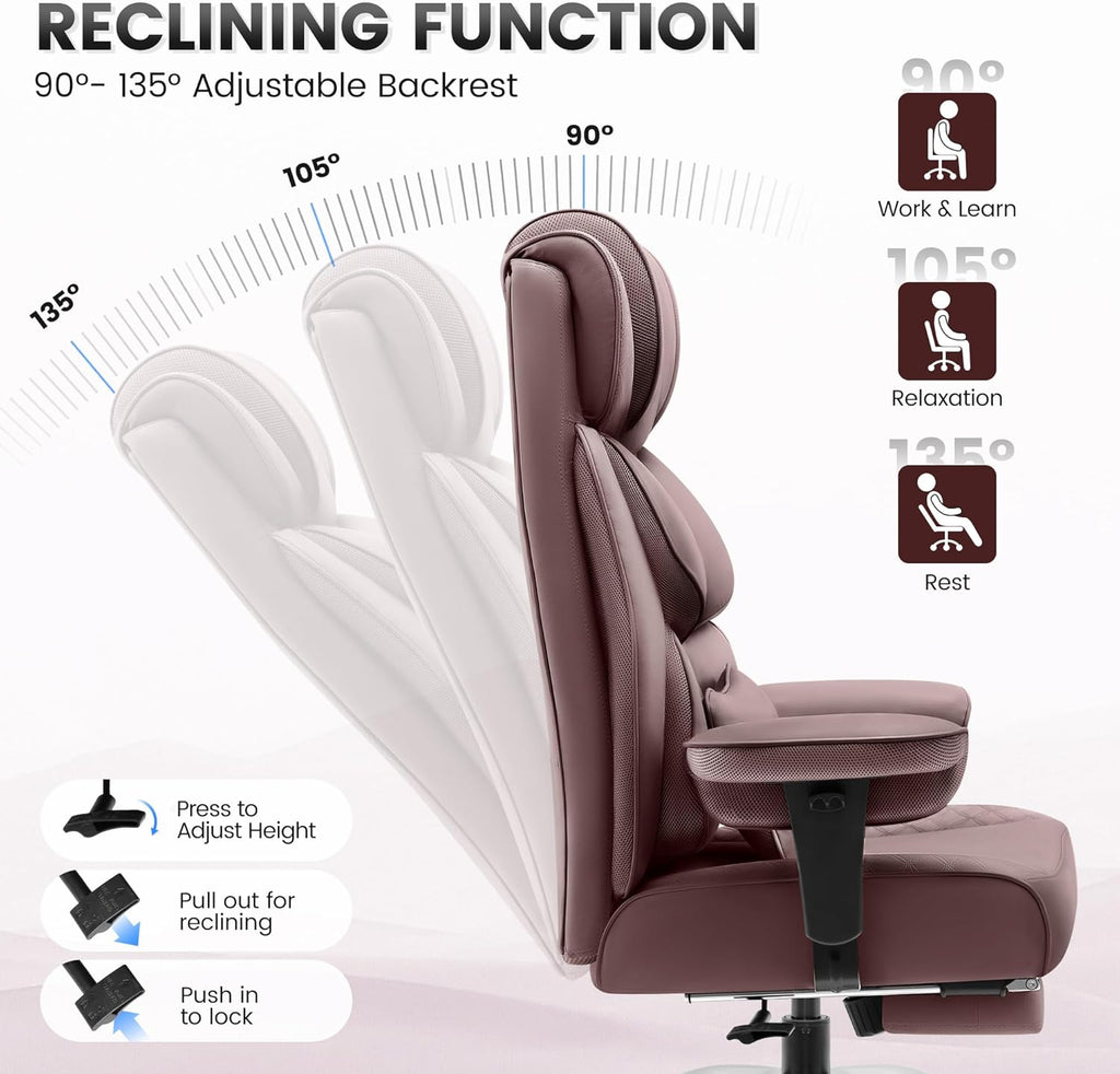 BestGlory Office Desk Chair, Big and Tall Leather Gaming Chair with Footrest, Wide Ergonomic Comfy Executive High-Back Reclining Computer Chairs, Swivel Rolling Wheels and Padded Lumbar Support,Coffee