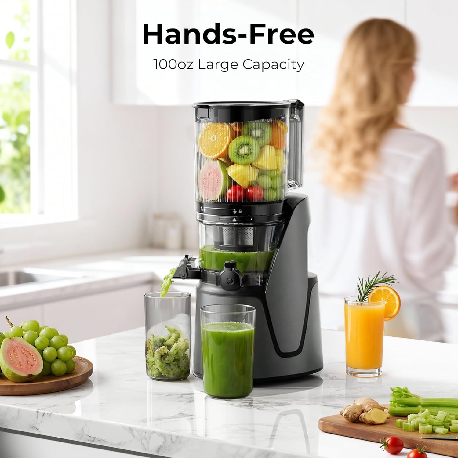 EanOruus Juicer Machines, 3-in-1 Cold Press Juicer with 6.5" Extra Large Chute, 100oz Large Capacity, AC Motor, Makes Juice, Nut Milk & Sorbet, Premium Gray