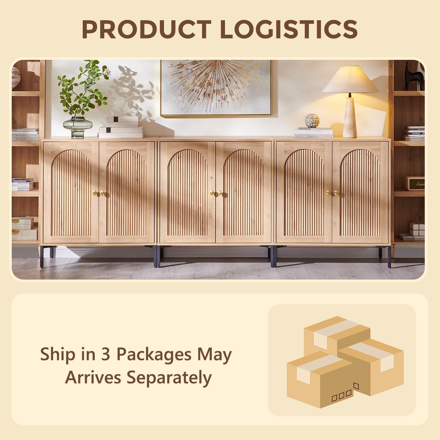 IFGET Modern TV Stands for 80 inch tvs, 92.63" W Wood Entertainment Center w/Adjustable Shelves, Mid Century Modern TV Stand w/Arched Fluted Doors, Media Console Cabinet for Living Room, Natural