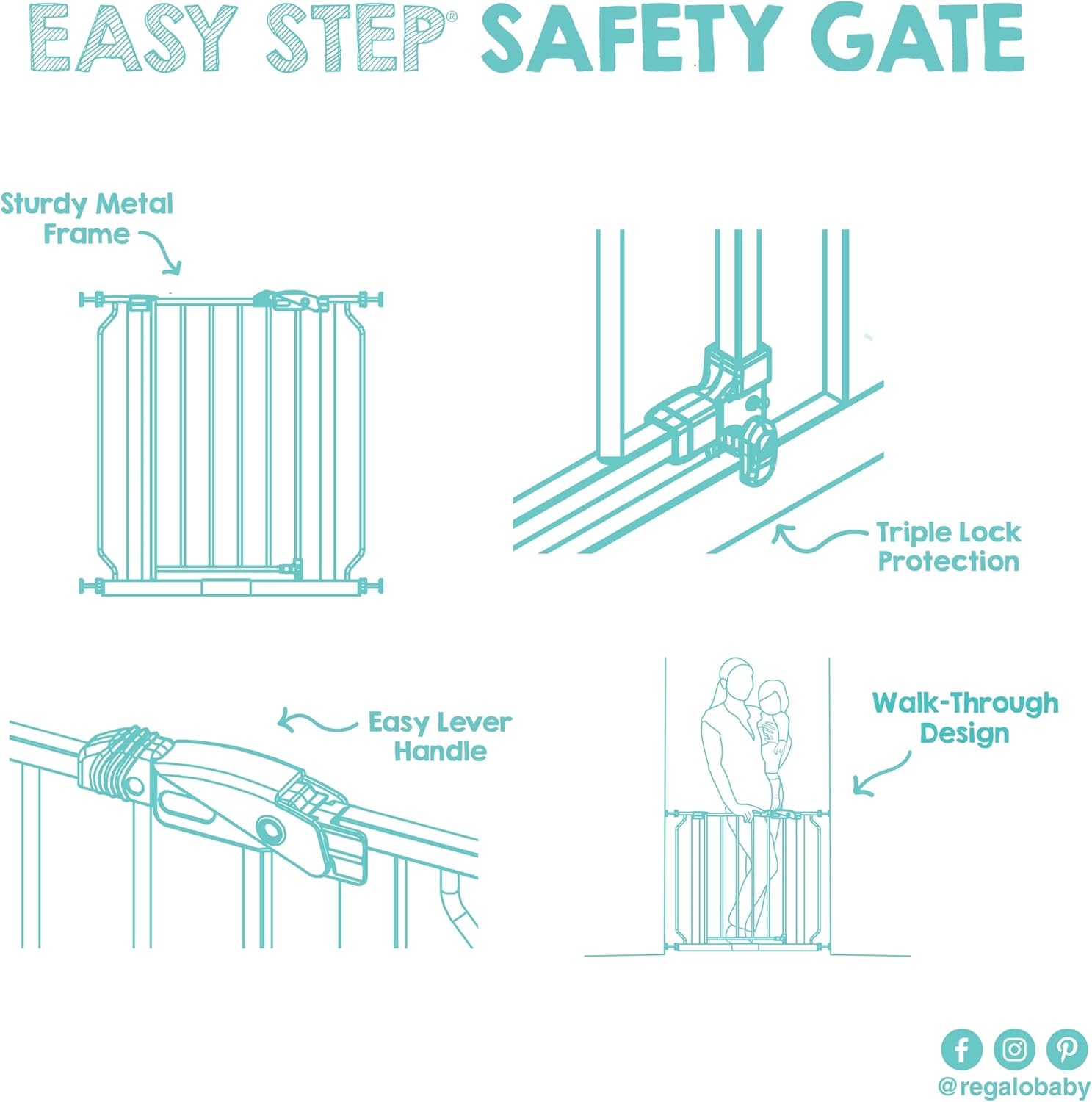 Regalo Safety 29-38.5" Baby Gate for Doorways & Bottom of Stairs, Pressure Mounted Baby Gate with Door for Babies, Toddlers & Pets, Tested & Safe for 30 Years, American Designed, American Owned, White