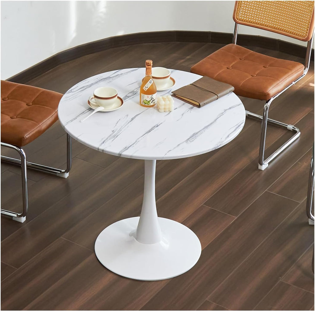 Round Dining Table, 31.5" Circle Tulip Table with Thickened Tabletop & Metal Pedestal, Mid Century Modern Bistro Table for Kitchen, Small Places, Living Room, Cafe (Marble Pattern White)