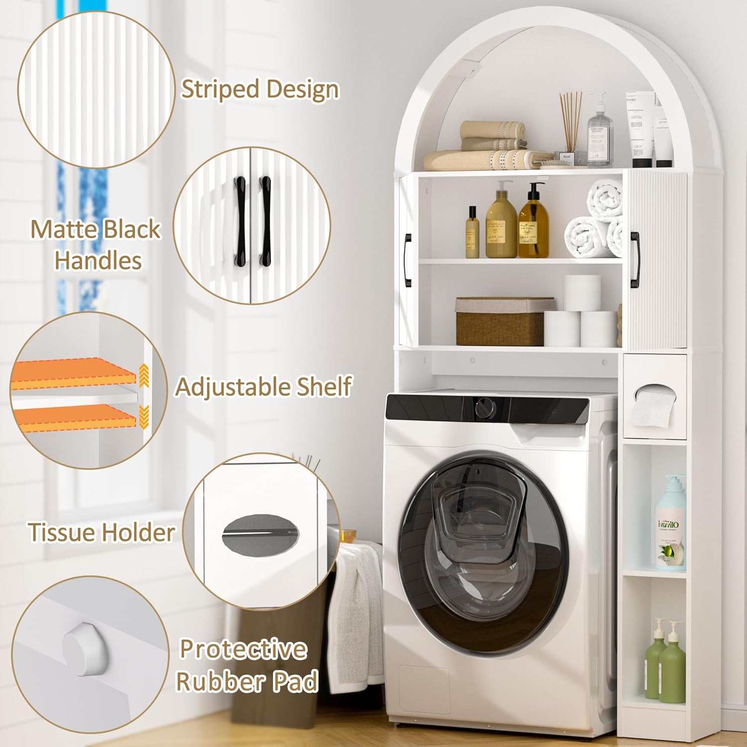 Spurgehom Over The Toilet Storage Cabinet, Bathroom Shelf Organizer Freestanding, Bathroom Arch Cabinet Over Toilet with Toilet Paper Holder and Anti-Tipping Device, White
