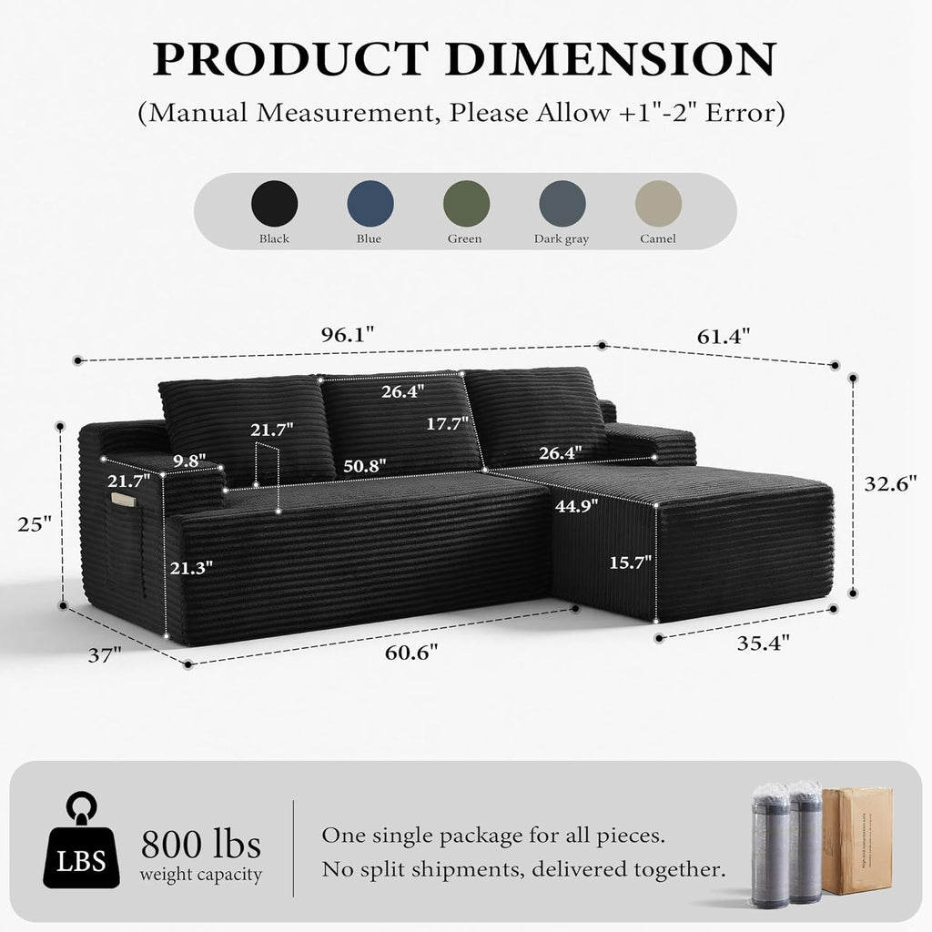 Sectional Couches for Living Room Cloud Couch Sofa with L-Shape Upholstered Boneless Couchs Modern Modular Sectional Couch with Chaise (Black, 96" W+Right Facing Chaise+2Seaters)