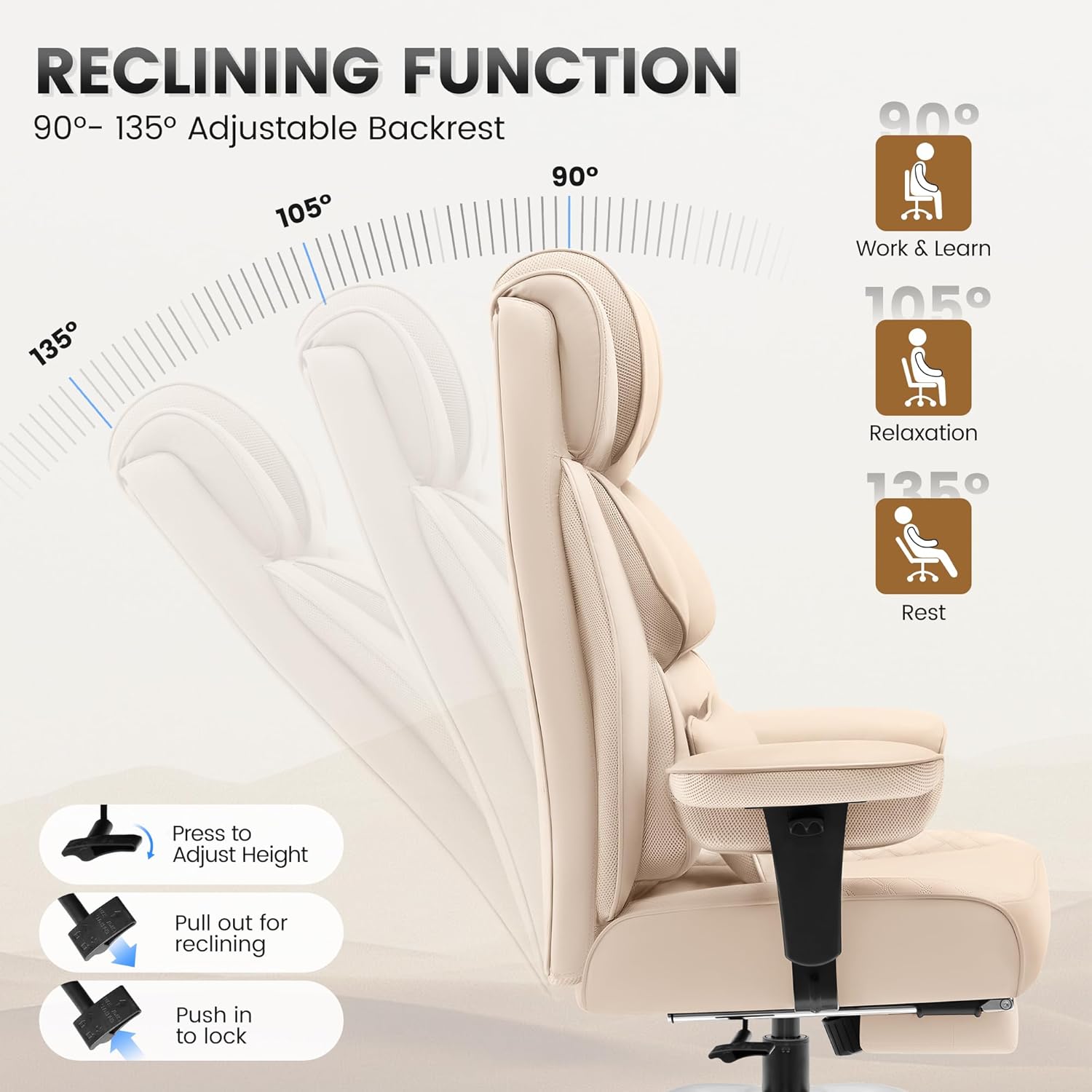 BestGlory Office Desk Chair, Big and Tall Leather Gaming Chair with Footrest, Wide Ergonomic Comfy Executive High-Back Reclining Computer Chairs, Swivel Rolling Wheels and Padded Lumbar Support, Beige